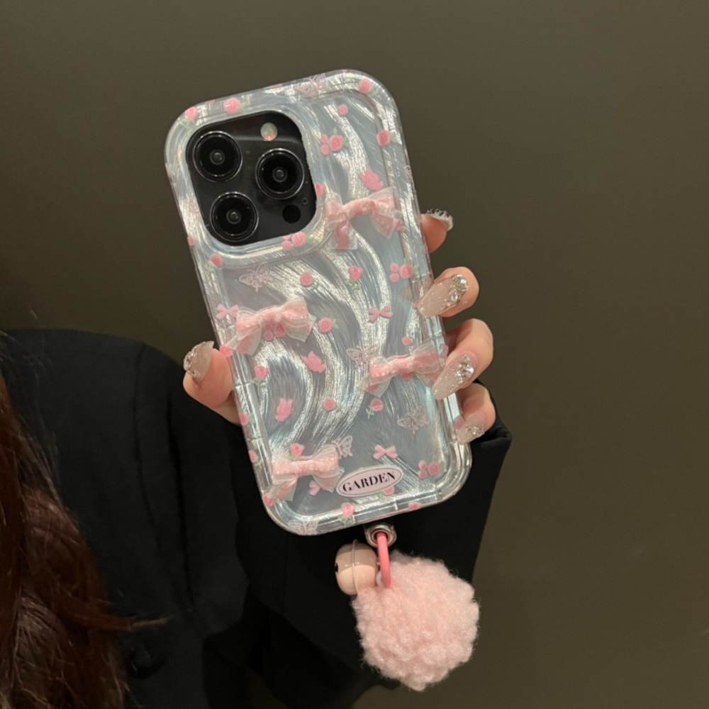 Pink Bow Clear Phone Case with Pom Pom - Compatible Cell Phone Accessory